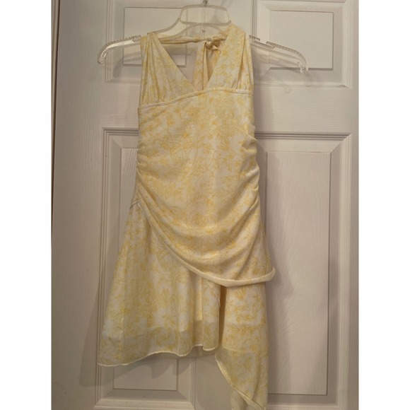Verb Tops - Floral Mesh Halter Top Yellow Ruched Asymmetrical XS Flowy Feminine Tiered‎